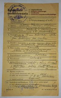 Zgłoszenie zameldowania Leona Krzywosądzkiego z 4 lipca 1945 t. - awers